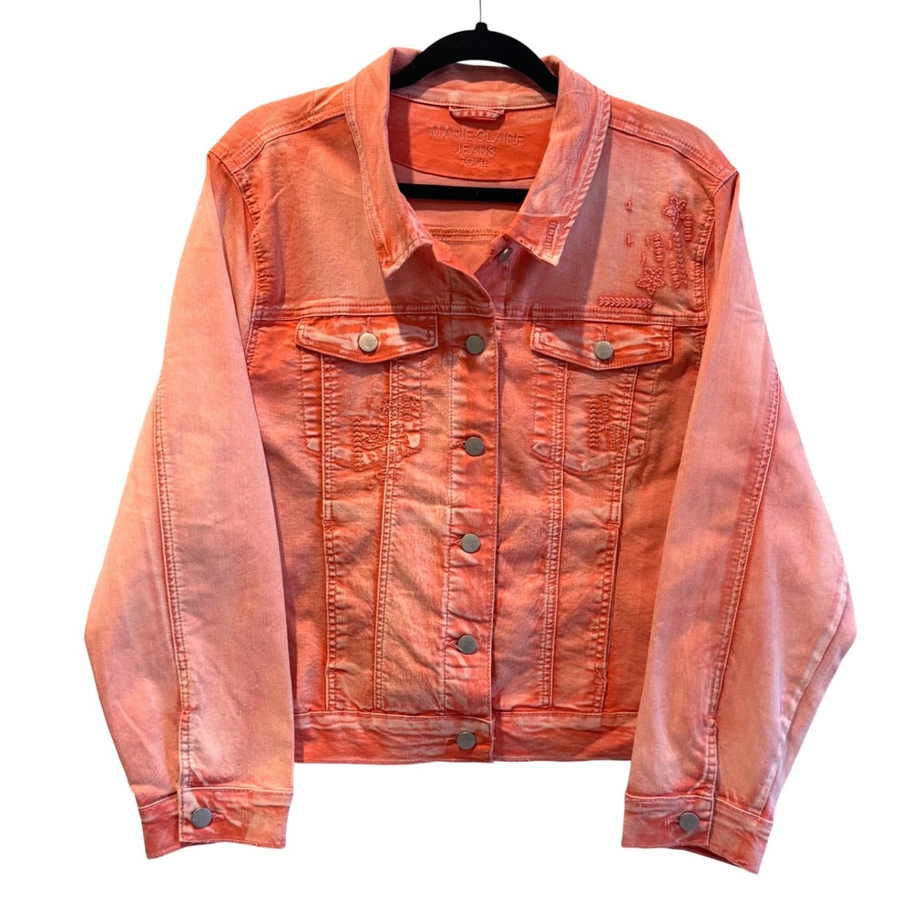 Marie Claire Jeans Women XL Coral Pink Acid Wash Embroidered Denim Jacket